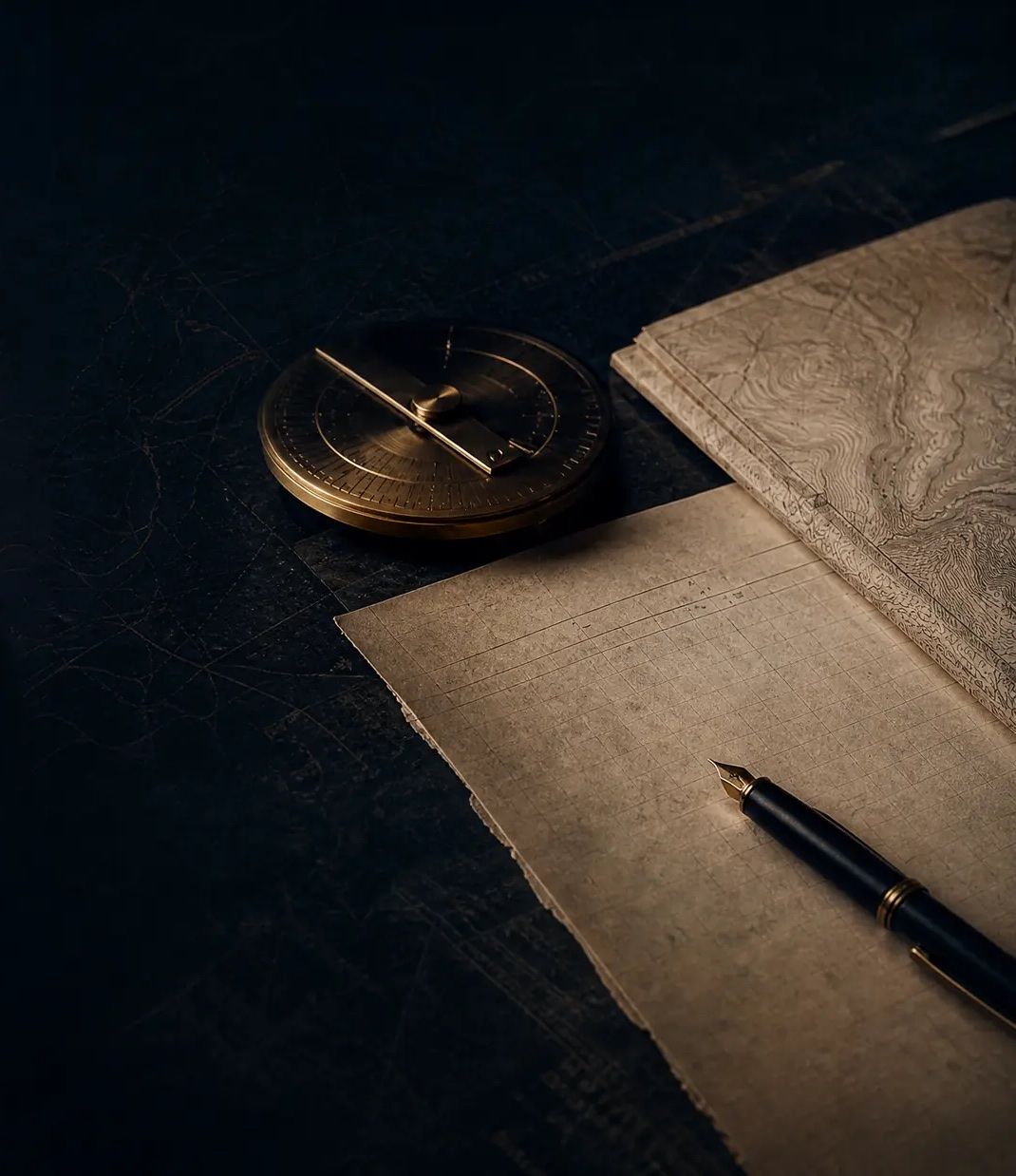Brass compass, aged ledger paper and a fountain pen on a dark desk
